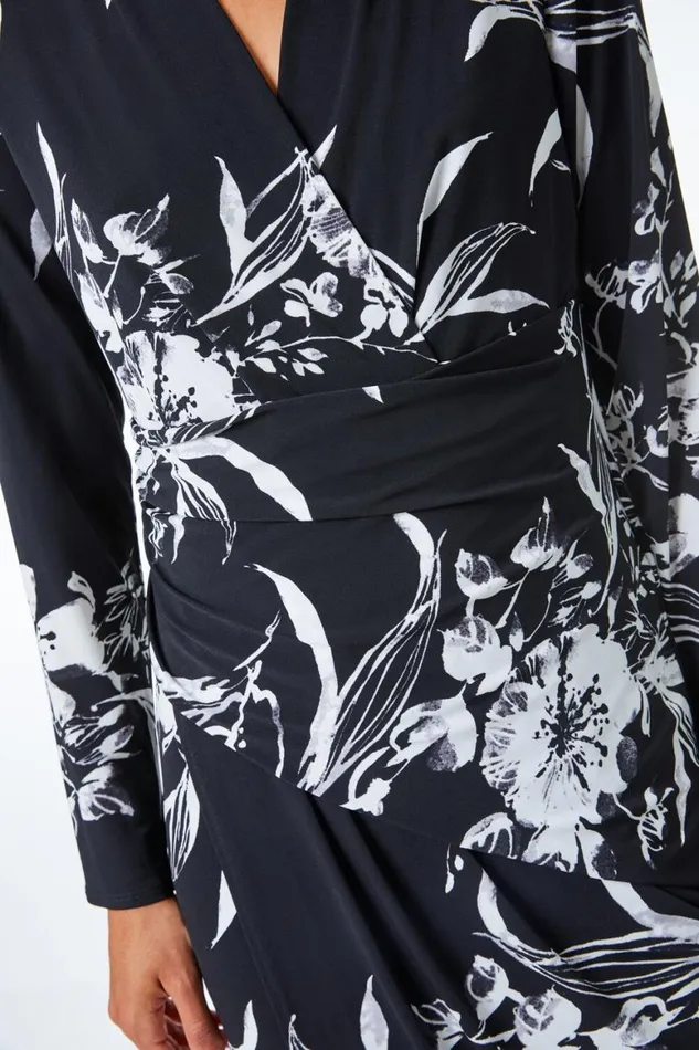 Women Black Fitted Floral Jersey Ruched Wrap Dress Roman Dresses