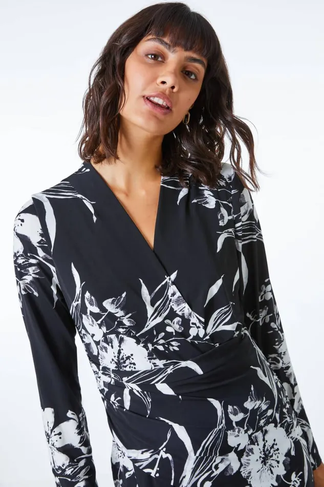 Women Black Fitted Floral Jersey Ruched Wrap Dress Roman Dresses