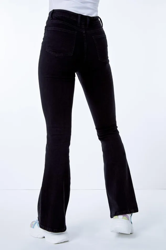 Women Black Flared High Waist Cotton Jeans Roman Trousers