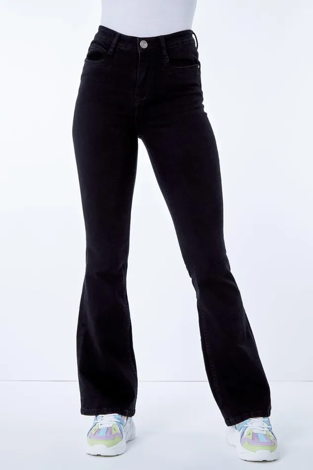 Women Black Flared High Waist Cotton Jeans Roman Trousers