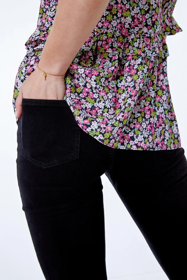 Women Black Flared High Waist Cotton Jeans Roman Trousers