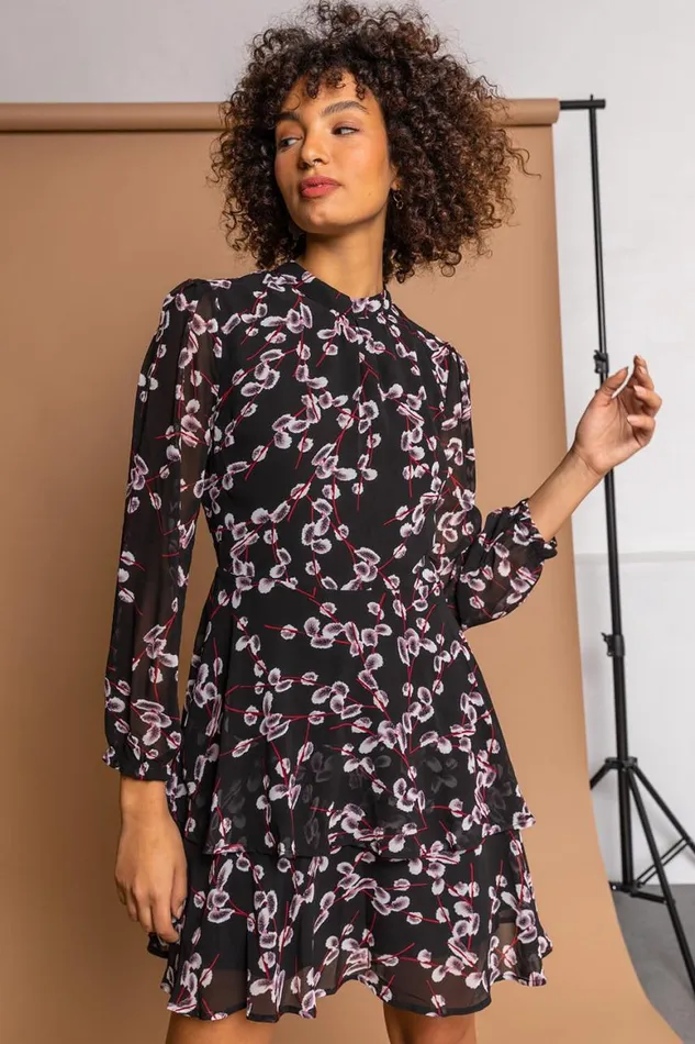 Women Black Floral Chiffon Tiered High Neck Dress Roman Dresses