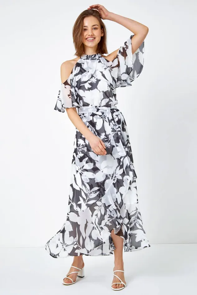 Women Black Floral Cold Shoulder Chiffon Maxi Dress Roman Dresses