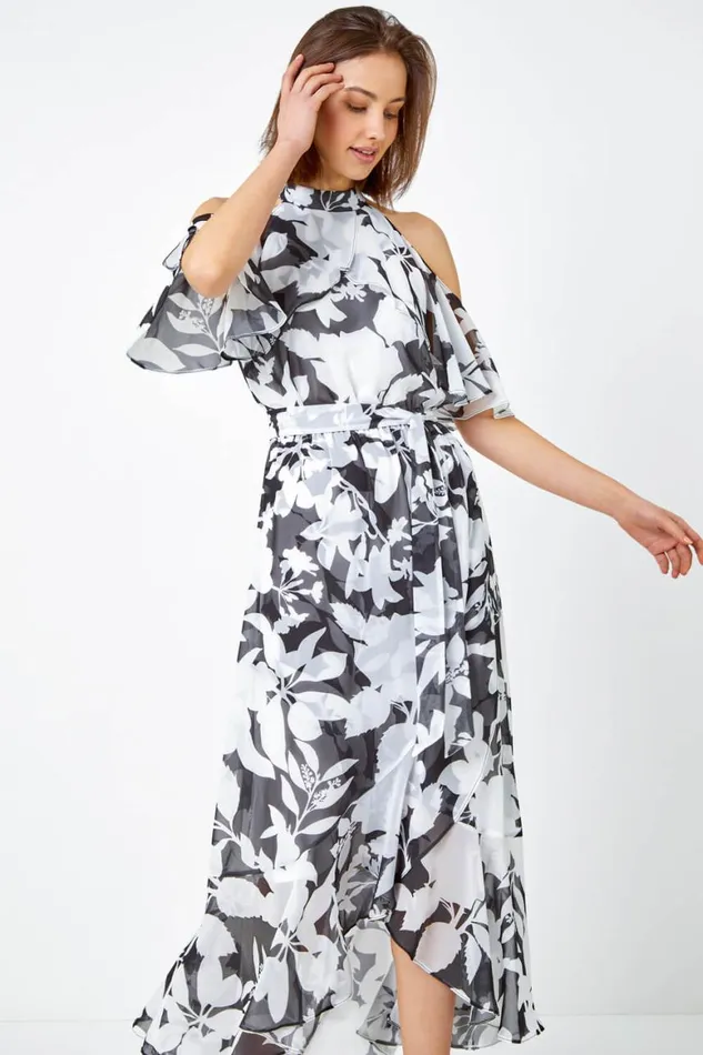 Women Black Floral Cold Shoulder Chiffon Maxi Dress Roman Dresses