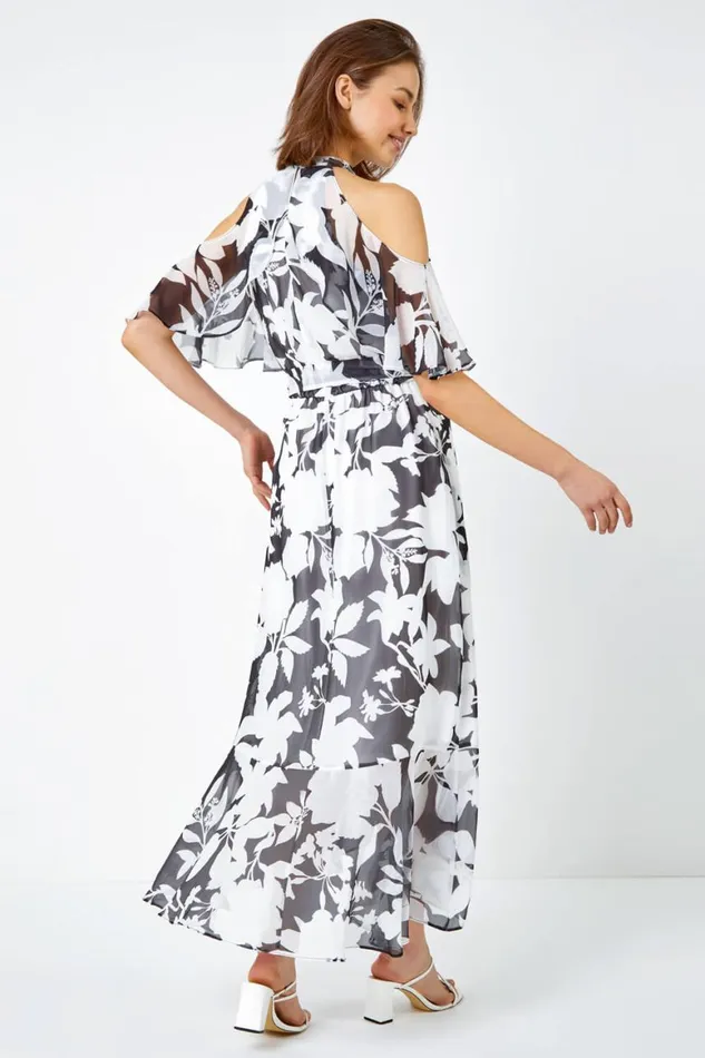 Women Black Floral Cold Shoulder Chiffon Maxi Dress Roman Dresses