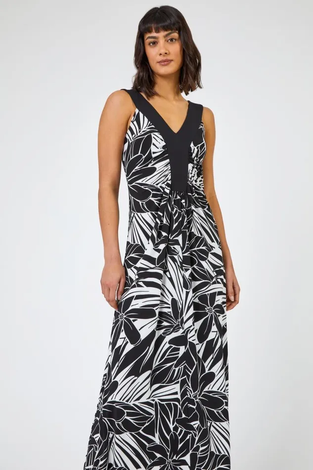 Women Black Floral Print Contrast Band Maxi Dress Roman Dresses
