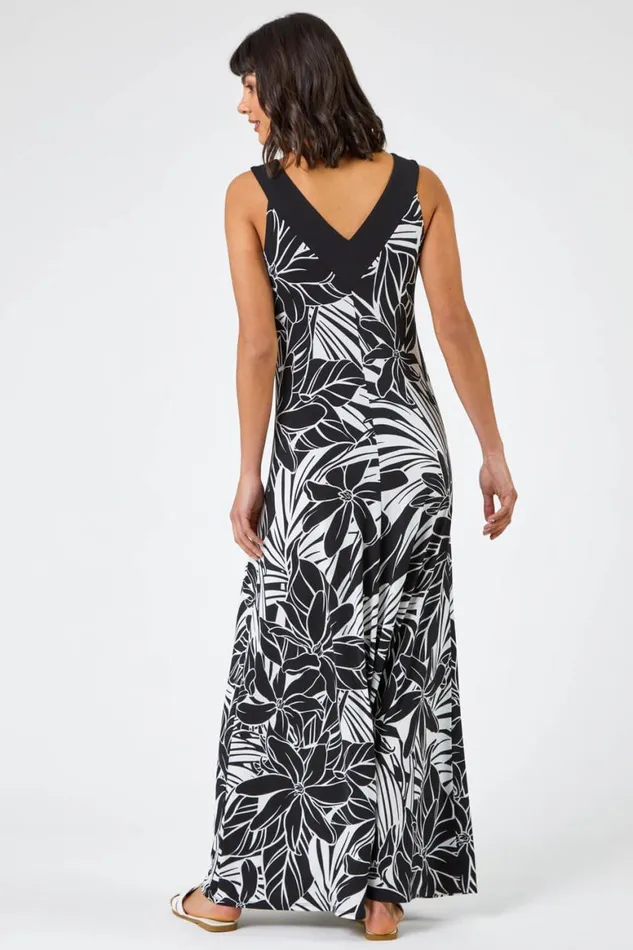 Women Black Floral Print Contrast Band Maxi Dress Roman Dresses