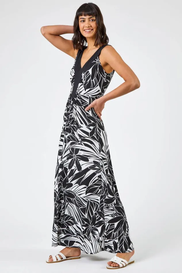 Women Black Floral Print Contrast Band Maxi Dress Roman Dresses