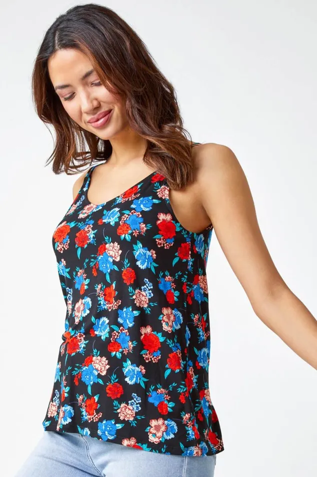 Women Black Floral Print Jersey VNeck Cami Roman Tops