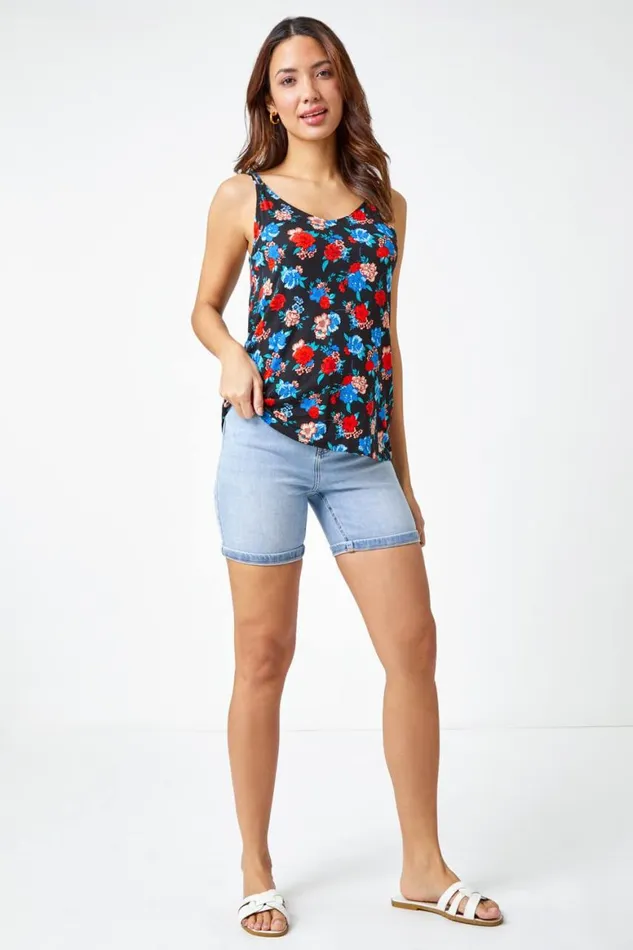 Women Black Floral Print Jersey VNeck Cami Roman Tops