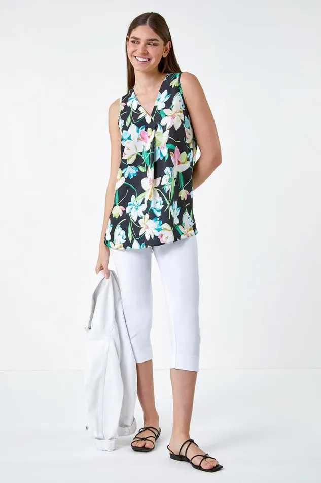 Women Black Floral Print Sleeveless Pleat Vest Top Roman Tops
