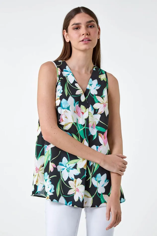 Women Black Floral Print Sleeveless Pleat Vest Top Roman Tops