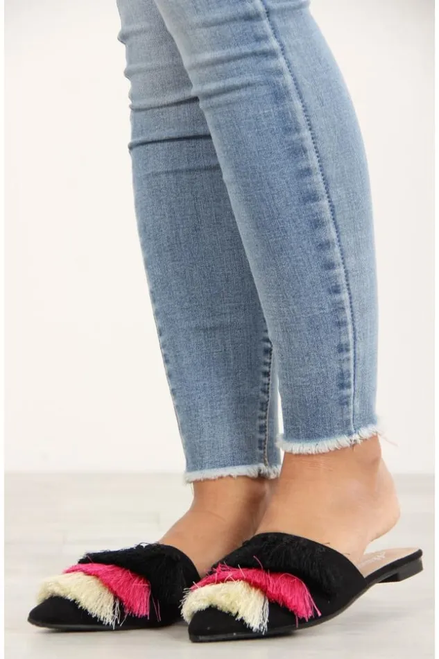 Women Black Fringed Mules Brentiny Paris Loafers