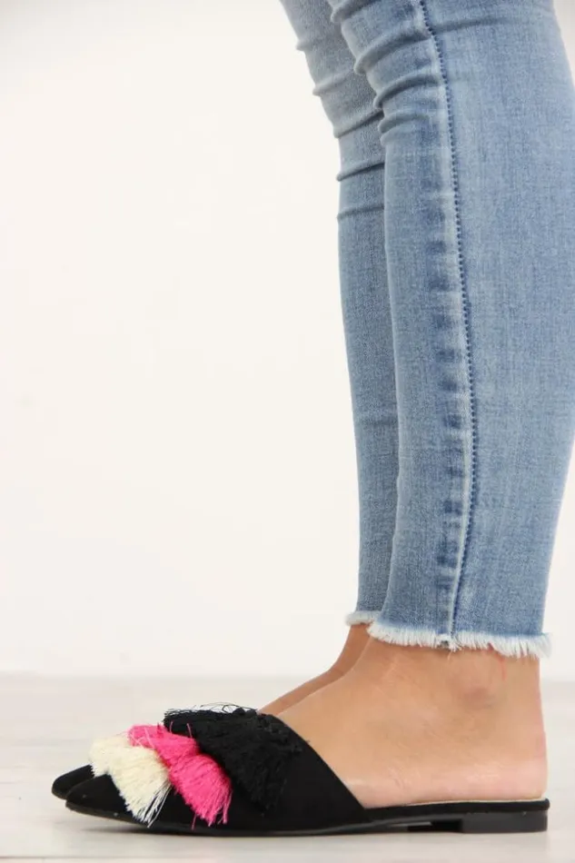 Women Black Fringed Mules Brentiny Paris Loafers