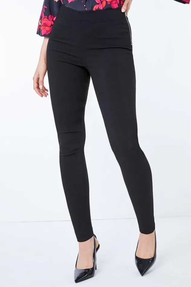 Women Black Full Length Side Zip Elastic Waist Trouser Roman Trousers