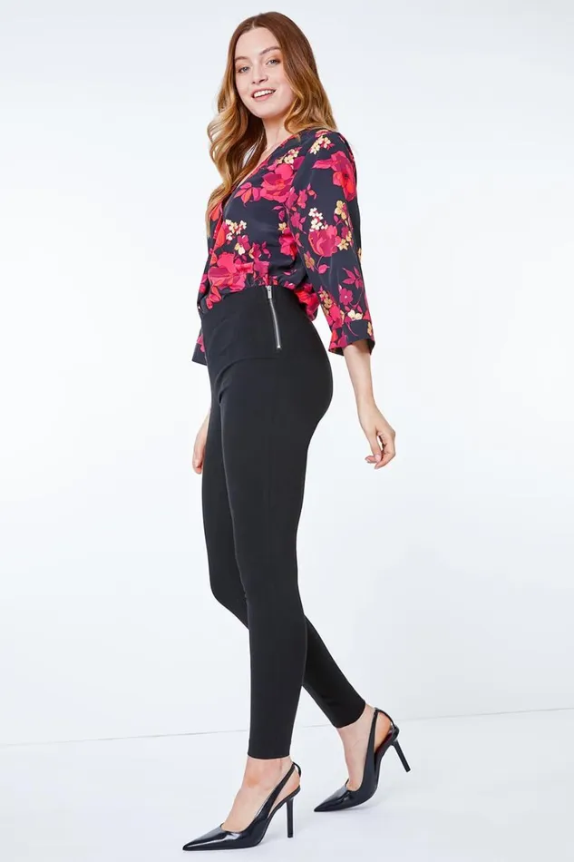 Women Black Full Length Side Zip Elastic Waist Trouser Roman Trousers