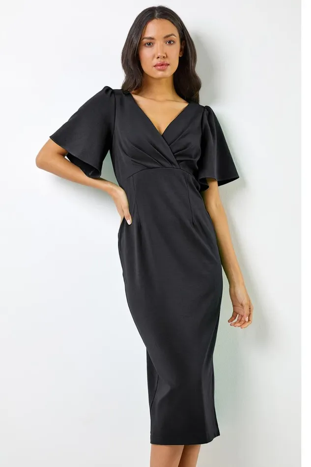 Women Black Gathered Wrap Front Midi Dress Roman Dresses