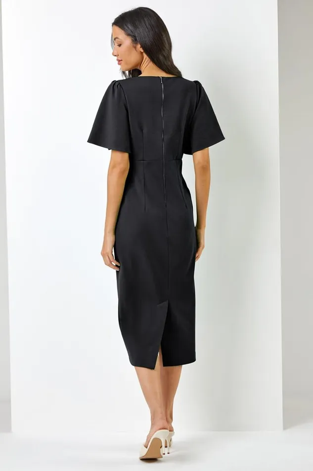 Women Black Gathered Wrap Front Midi Dress Roman Dresses