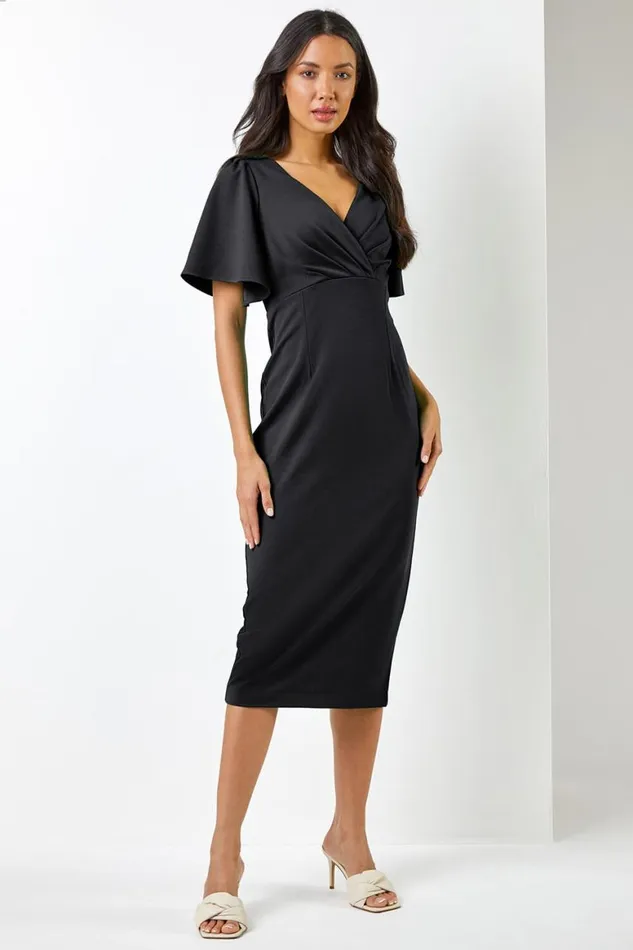 Women Black Gathered Wrap Front Midi Dress Roman Dresses