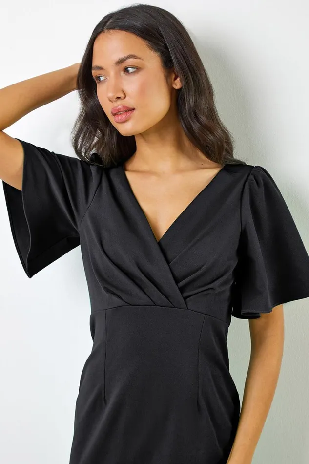 Women Black Gathered Wrap Front Midi Dress Roman Dresses