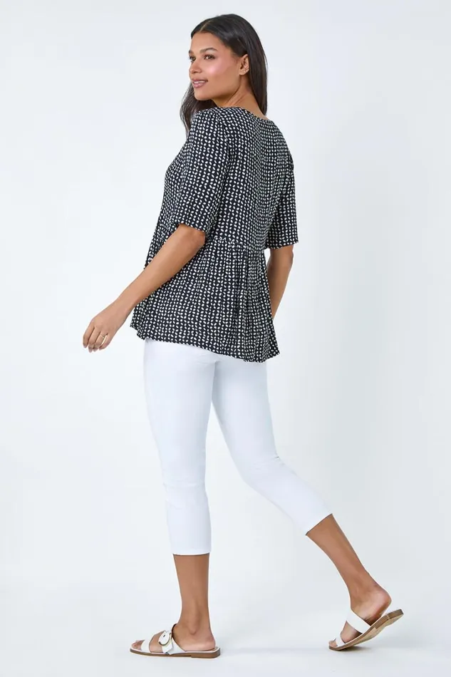 Women Black Geometric Print Tassel Tie Smock Top Roman Tops