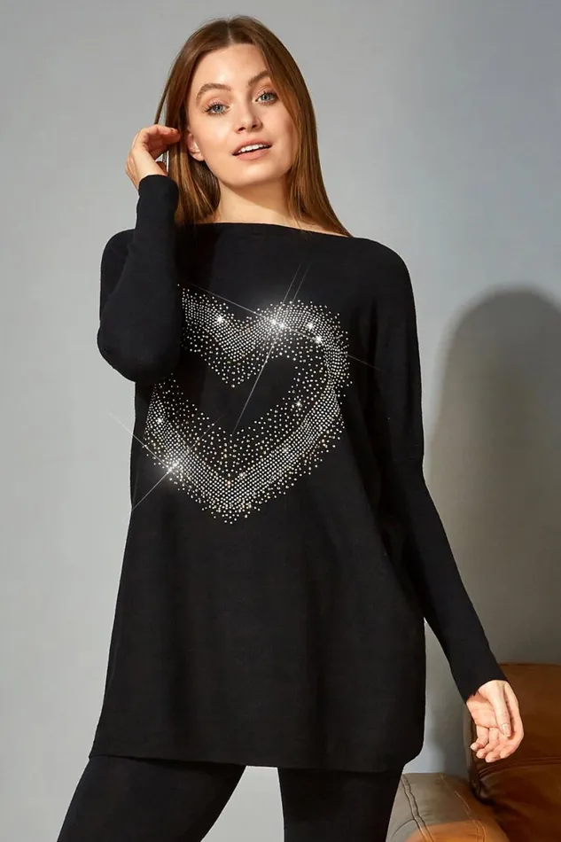 Women Black Heart Embellished Tunic Lounge Jumper Roman Tops