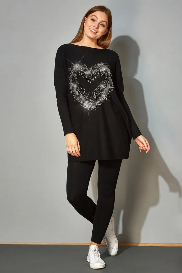Women Black Heart Embellished Tunic Lounge Jumper Roman Tops