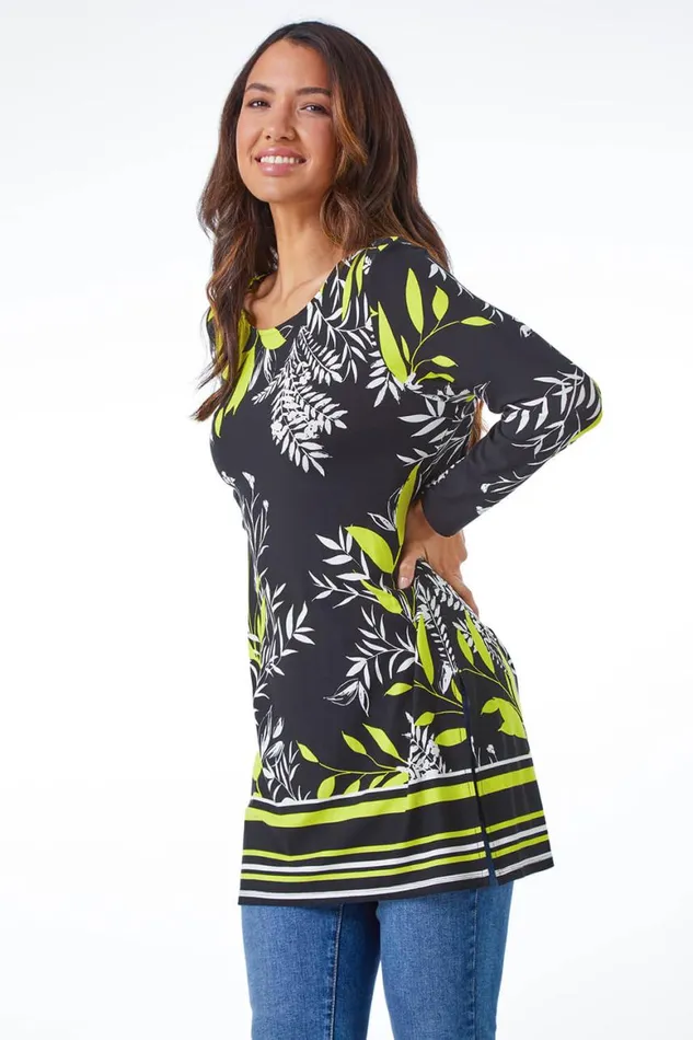Women Black Leaf Border Print Stretch Tunic Roman Tops