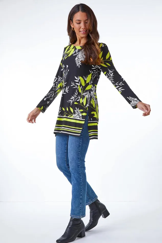 Women Black Leaf Border Print Stretch Tunic Roman Tops