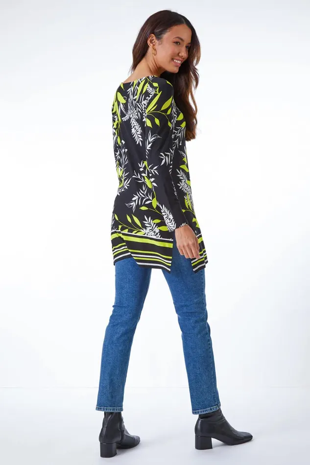 Women Black Leaf Border Print Stretch Tunic Roman Tops
