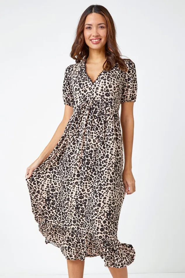 Women Black Leopard Print Lace Trim Midi Dress Roman Dresses