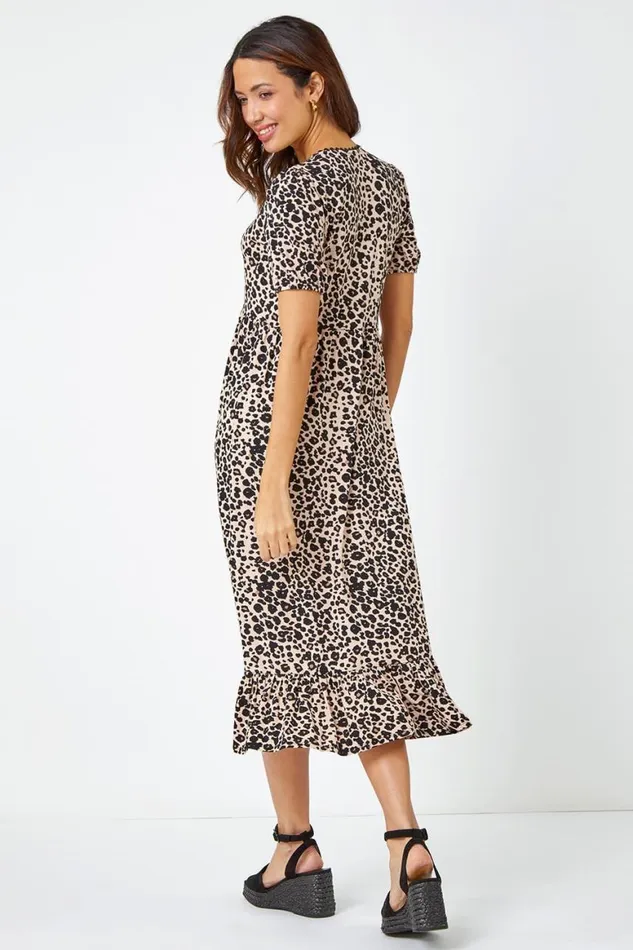 Women Black Leopard Print Lace Trim Midi Dress Roman Dresses