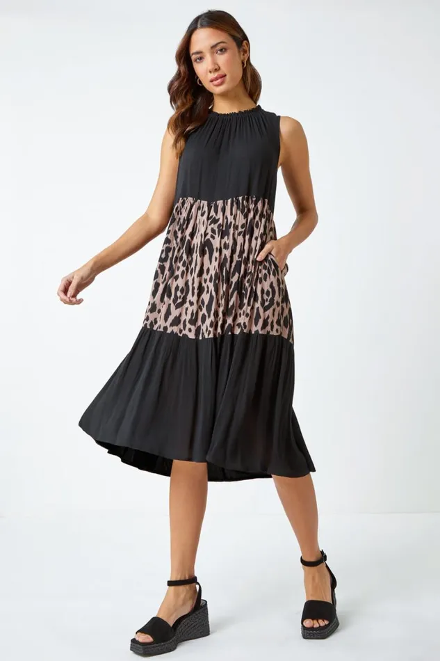 Women Black Leopard Print Panel Smock Dress Roman Dresses