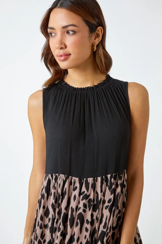 Women Black Leopard Print Panel Smock Dress Roman Dresses