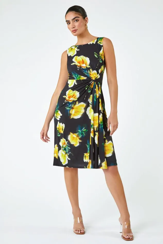Women Black LIMITED Floral Twist Detail Ruched Dress Roman Dresses