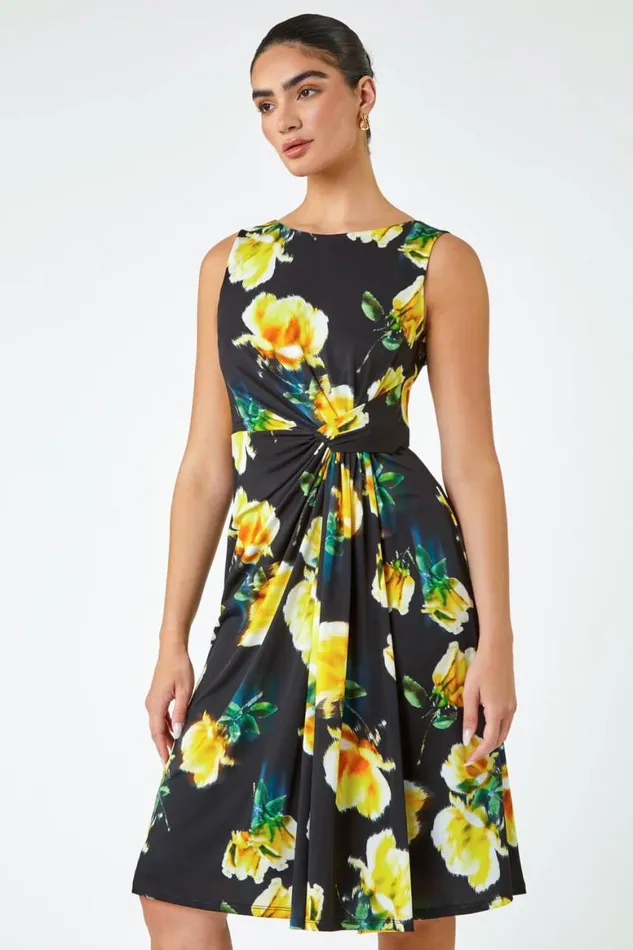 Women Black LIMITED Floral Twist Detail Ruched Dress Roman Dresses
