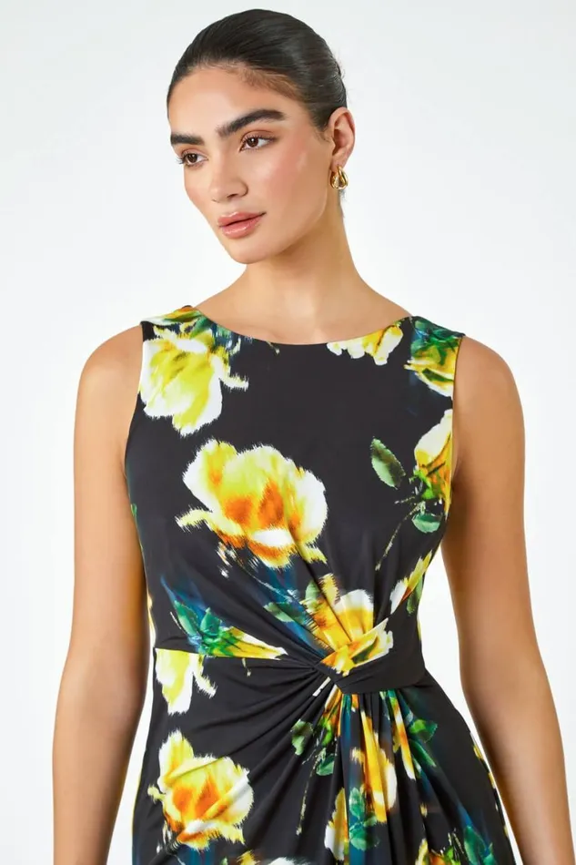 Women Black LIMITED Floral Twist Detail Ruched Dress Roman Dresses