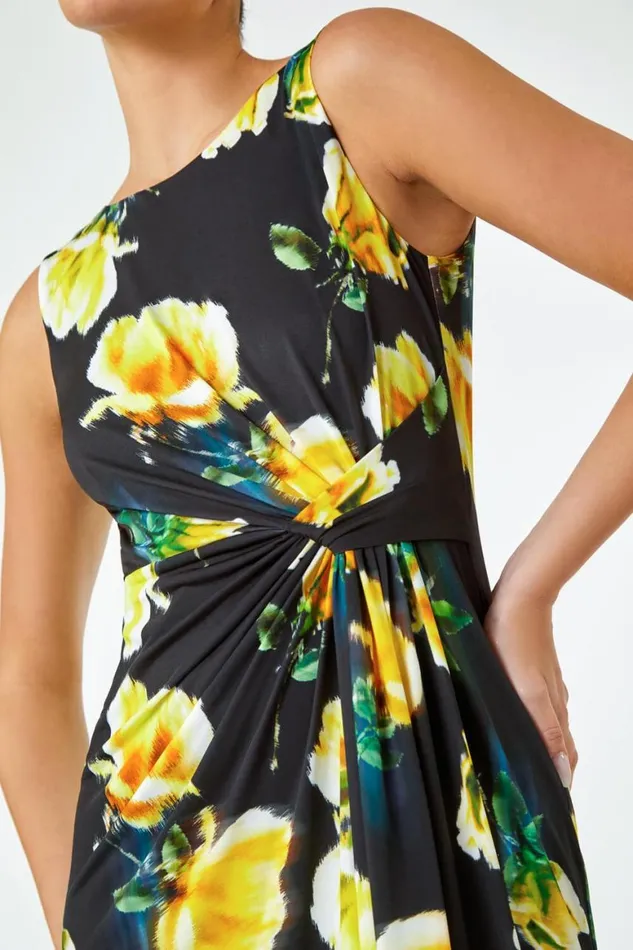 Women Black LIMITED Floral Twist Detail Ruched Dress Roman Dresses