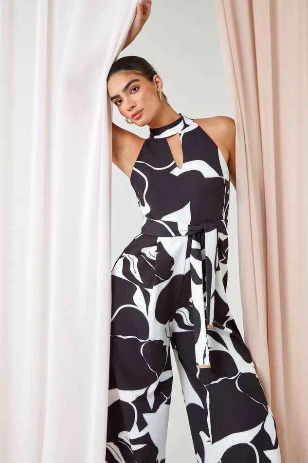Women Black LIMITED Wide Leg Halterneck Jumpsuit Roman Dresses