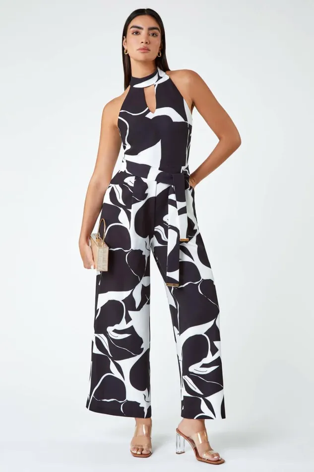 Women Black LIMITED Wide Leg Halterneck Jumpsuit Roman Dresses