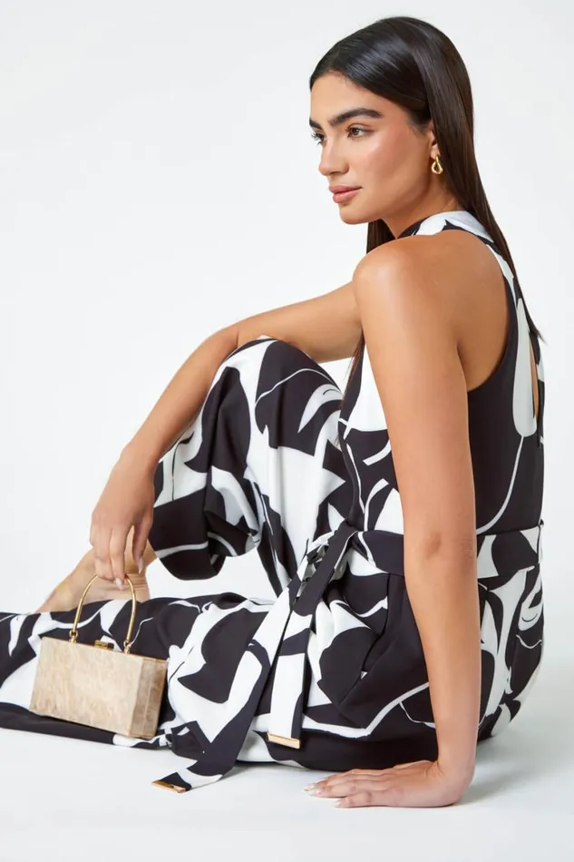 Women Black LIMITED Wide Leg Halterneck Jumpsuit Roman Dresses