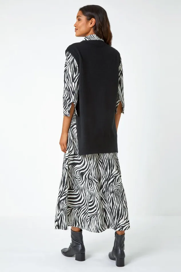 Women Black Longline Knitted Stretch Vest Roman Tops