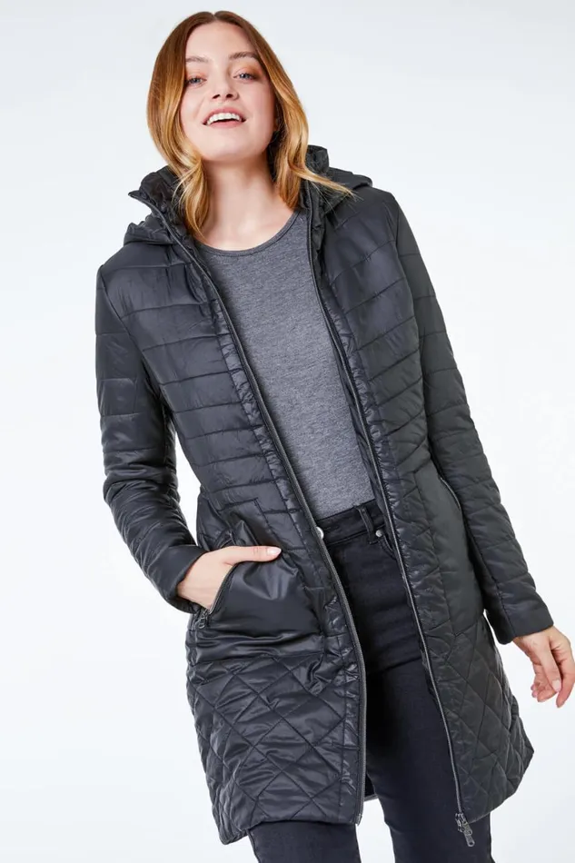 Women Black Longline Quilted Coat With Hood Roman Coats