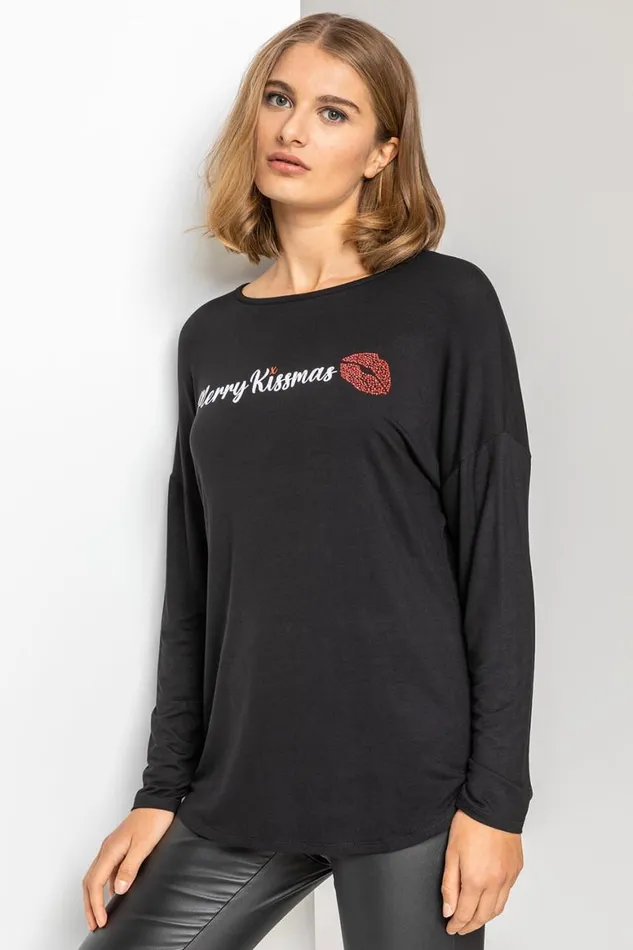 Women Black Merry Kissmas Motif Jersey Top Roman Tops