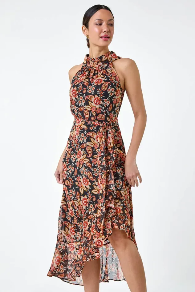 Women Black Metallic Foil Floral Halter Neck Midi Dress Roman Dresses