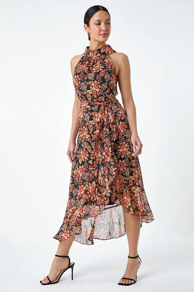 Women Black Metallic Foil Floral Halter Neck Midi Dress Roman Dresses