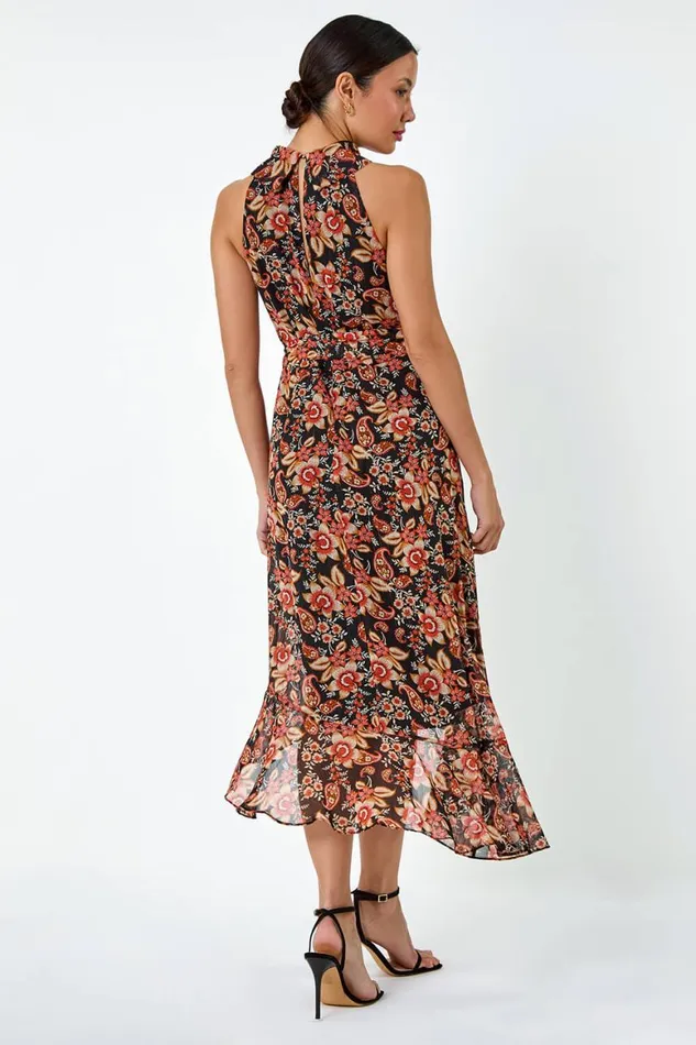 Women Black Metallic Foil Floral Halter Neck Midi Dress Roman Dresses