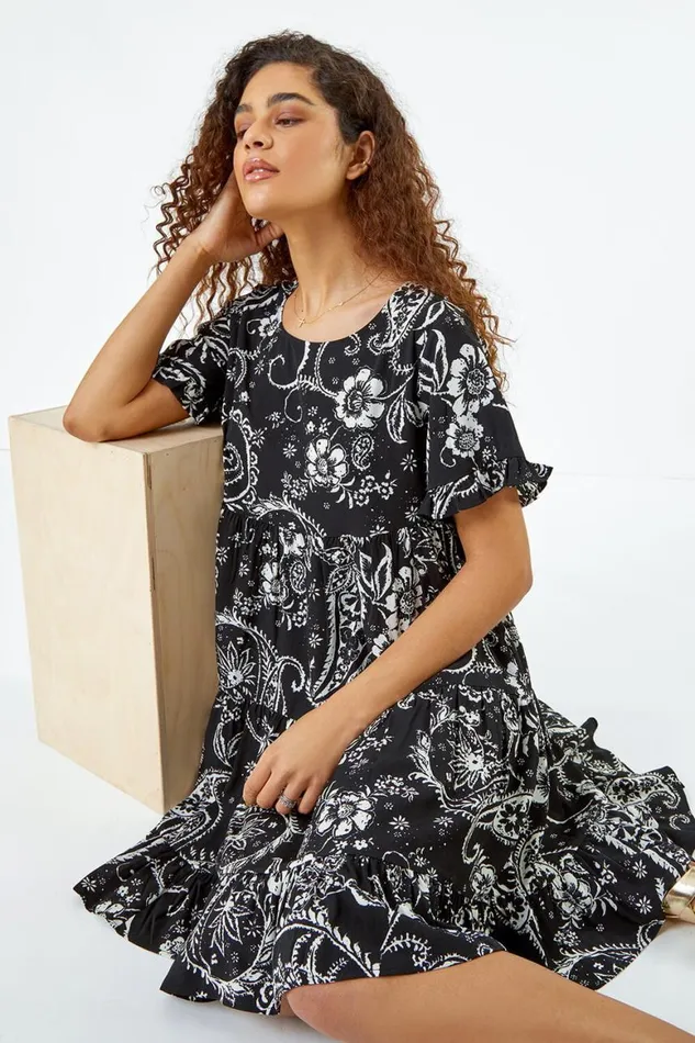 Women Black Paisley Floral Tiered Smock Dress Roman Dresses