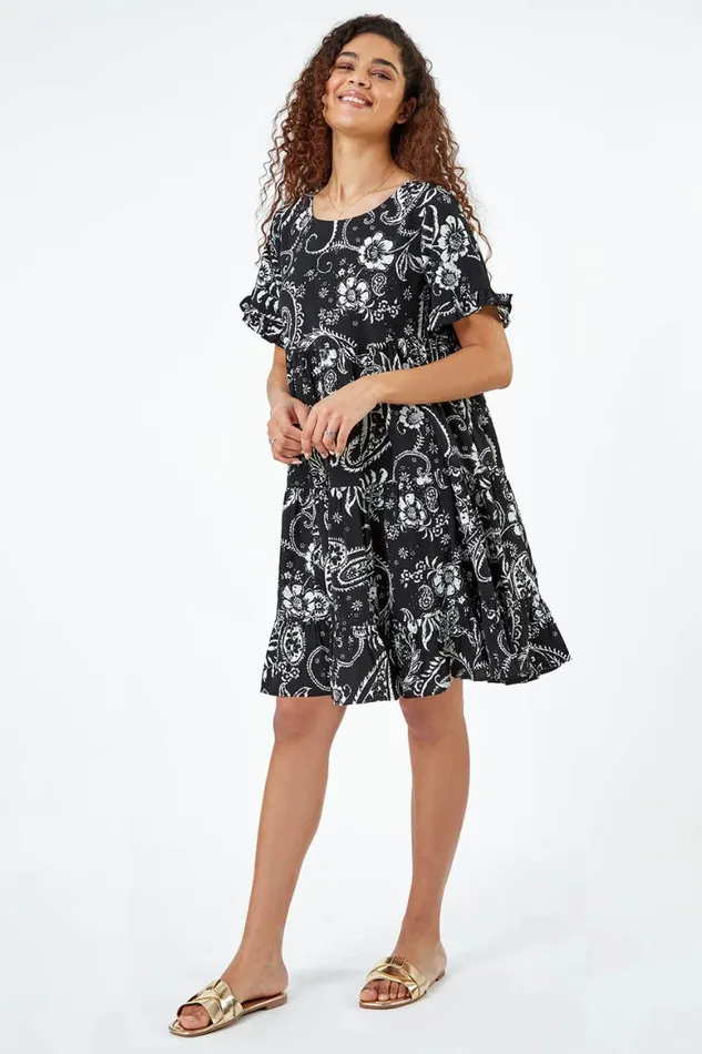 Women Black Paisley Floral Tiered Smock Dress Roman Dresses