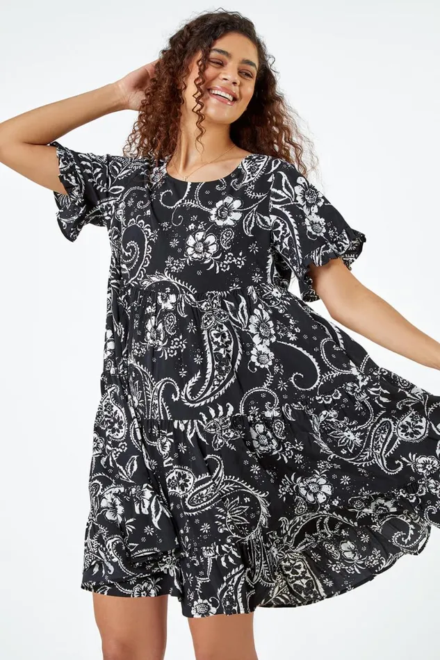 Women Black Paisley Floral Tiered Smock Dress Roman Dresses